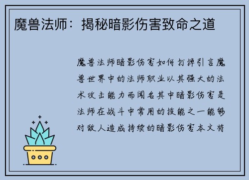 魔兽法师：揭秘暗影伤害致命之道