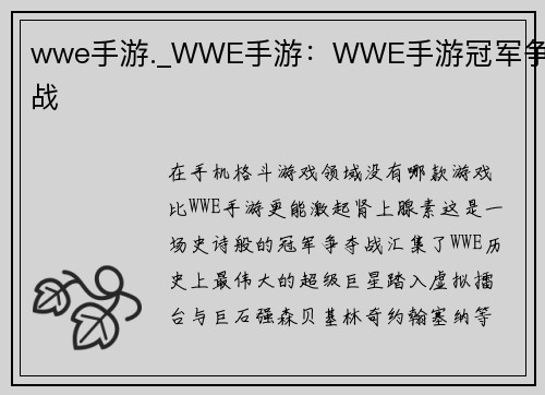 wwe手游._WWE手游：WWE手游冠军争夺战