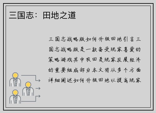 三国志：田地之道