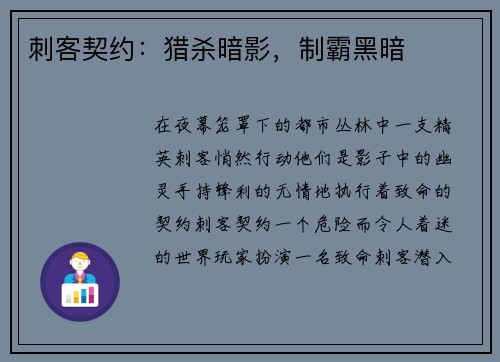 刺客契约：猎杀暗影，制霸黑暗